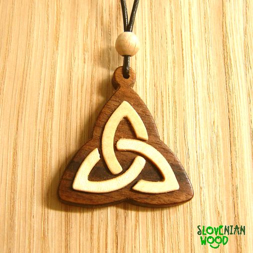 Necklace triquetra (trinity). Maple inlay in walnut wood.